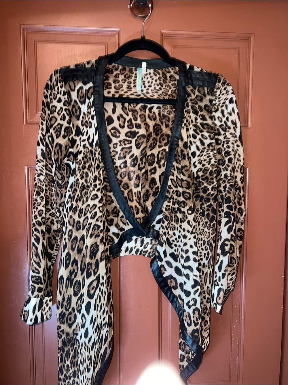 Leopard Print Open-Front Cardigan with Faux Leather Trim